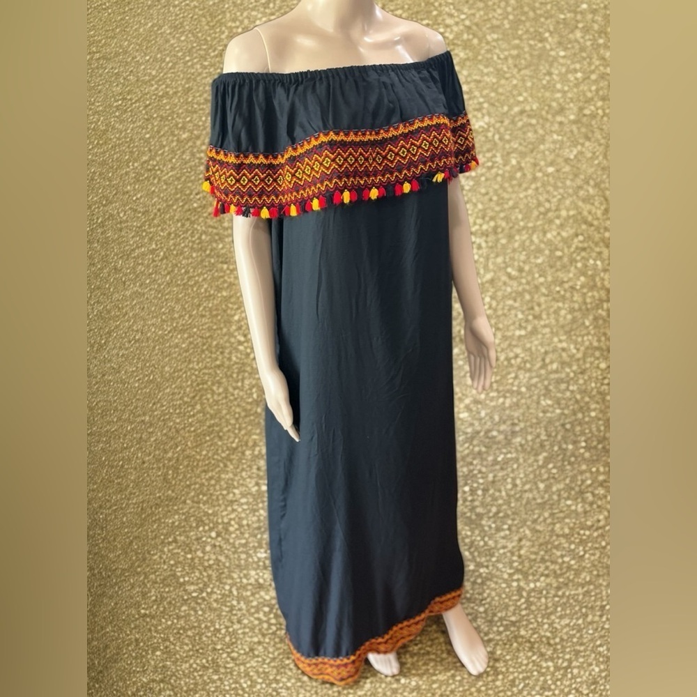 Hand crafted Off-Shoulder Black Maxi kaftan Dress with Orange Accents-L - Picture 5 of 7